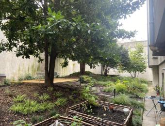 Vue d'ensemble du jardin, avec les bacs potagers au premier plan